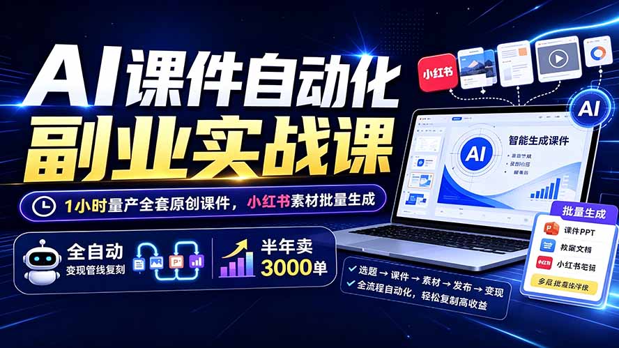 图片[1]-（19518期）AI课件自动化副业实战课：1小时量产全套原创课件×小红书素材批量生成×全自动变现管线×半年卖3000单_生财有道创业项目网-生财有道