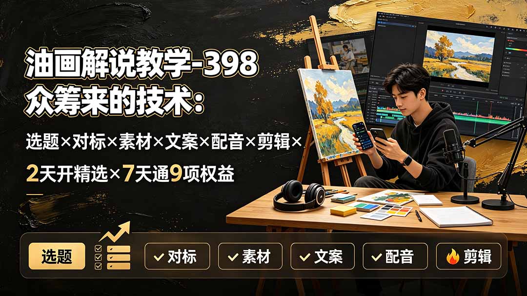 图片[1]-（19527期）油画解说教学-398众筹来的技术：选题×对标×素材×文案×配音×剪辑×2天开精选×7天通9项权益_生财有道创业项目网-生财有道
