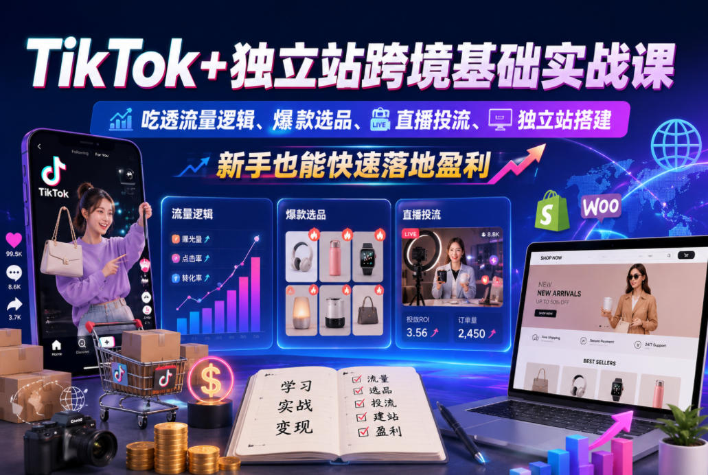 图片[1]-TikTok+独立站跨境基础实战课，吃透流量逻辑、爆款选品、直播投流与独立站搭建，新手也能快速落地盈利——生财有道创业项目网-生财有道