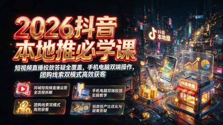 （19618期）2026抖音本地推必学课｜短视频直播投放答疑全覆盖，手机电脑双端操作，团购线索双模式高效获客_生财有道创业项目网