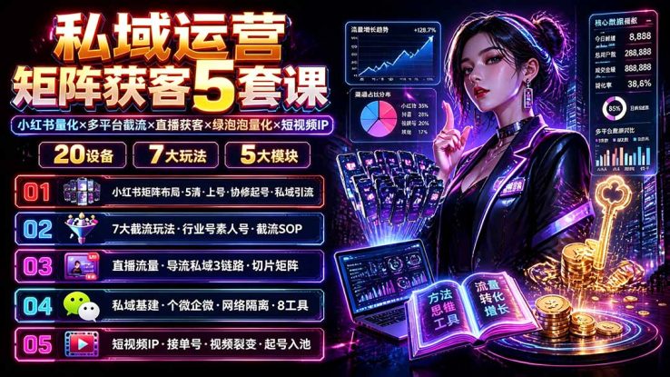 （19617期）私域运营矩阵获客5套课：小红书量化×多平台截流×直播获客×绿泡泡量化×短视频IP×20设备×7大玩法_生财有道创业项目网