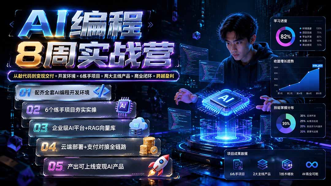 图片[1]-（19662期）AI编程8周实战营：从敲代码到变现交付×开发环境×6练手项目×两大主线产品×商业闭环×跨越盈利_生财有道创业项目网-生财有道