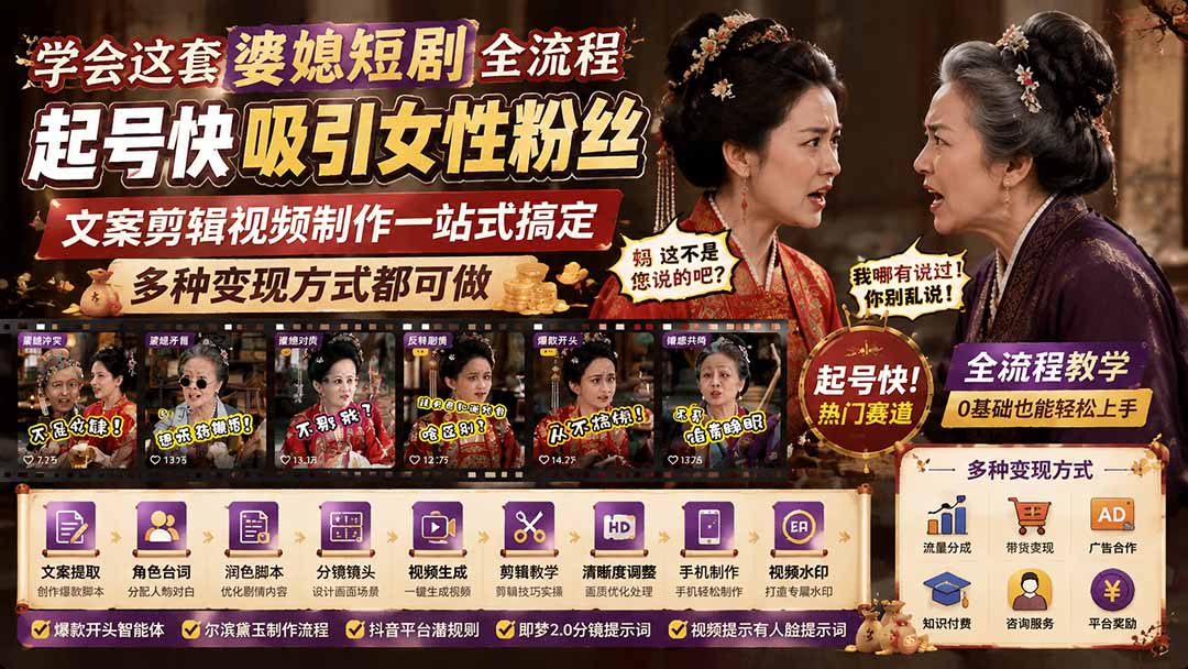 图片[1]-（19704期）学会这套婆媳短剧全流程：起号快吸引女性粉丝，文案剪辑视频制作一站式搞定，多种变现方式都可做_生财有道创业项目网-生财有道