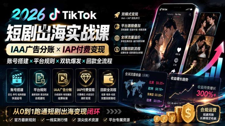（19740期）2026TikTok短剧出海实战课：IAA广告分账×IAP付费变现×账号搭建×平台规则×双轨爆发×回款全流程_生财有道创业项目网