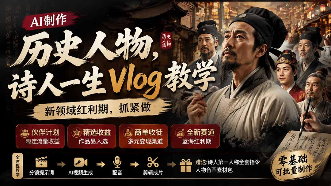 图片[1]-（19758期）历史人物，诗人一生Vlog教学， AI制作丨伙伴计划丨精选收益丨商单收徒 ，新领域红利期，抓紧做_生财有道创业项目网-生财有道